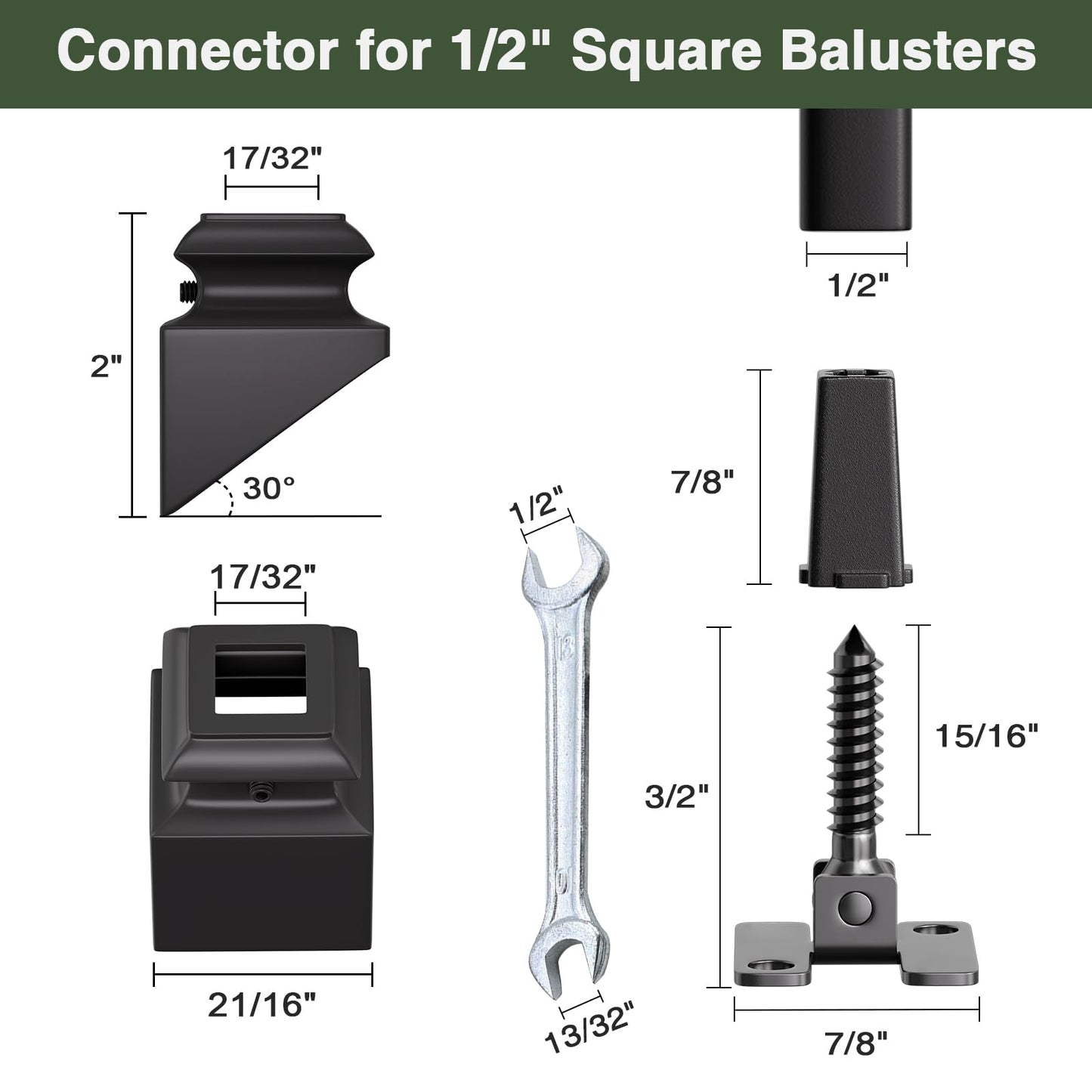 Baluster Screw Connectors, 30Pack Adjustable Height and Angle Stainless Steel Connectors with Angled Baluster Shoes for Easy Installation of 1/2" Deck Stair Hollow Metal Balusters