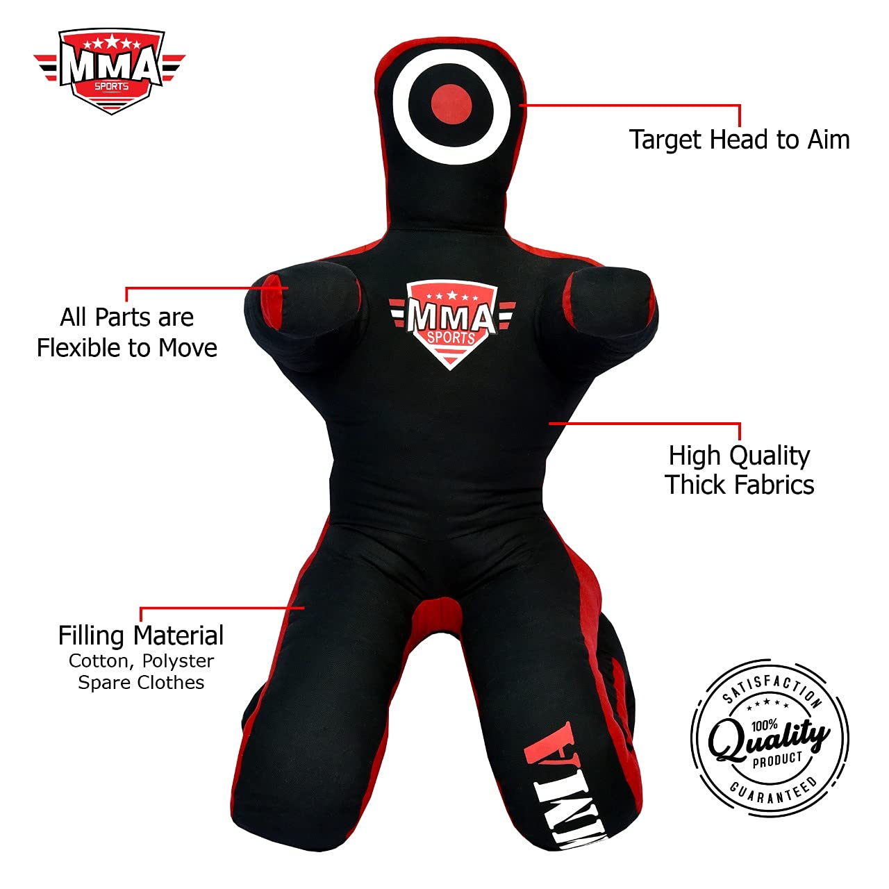 MMA SPORTS Grappling Dummy BJJ Jiu Jitsu Hands Front Judo Punching Bag Wrestling Dummies (Sitting 5 FT / 60 in ) - UNFILLED, Black