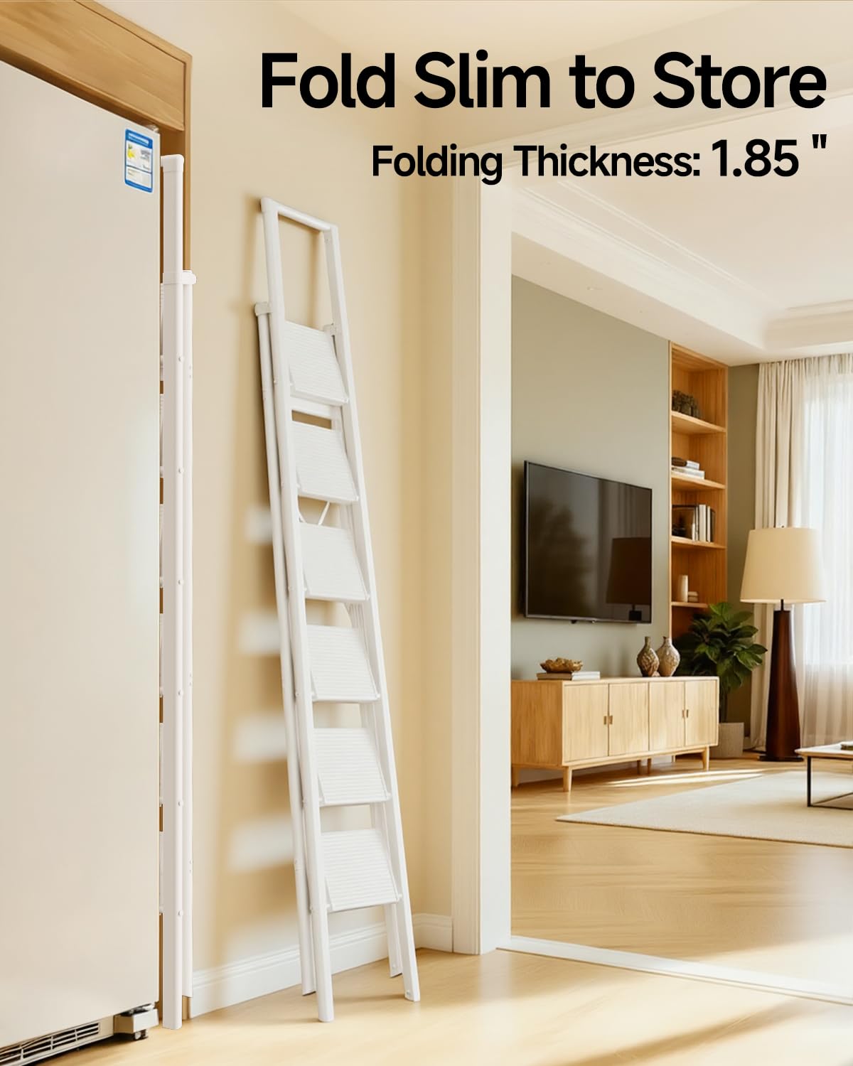 SOLADDER 6 Step Ladder with Handrails, Anti-Slip and Foldable Step Stool with Widen Pedals, Portable Stepladders for Home, Kitchen and Indoor, Space Saving -300lbs (White)