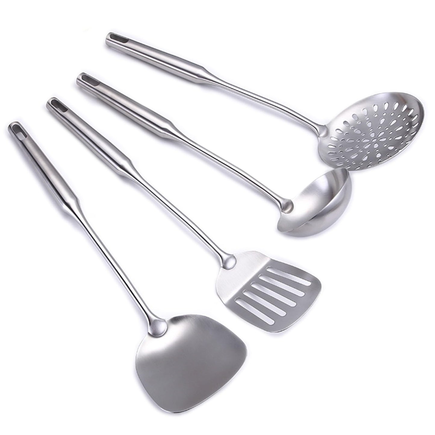 304 Stainless Steel Cooking Utensil Set 4-Piece Kitchen Utensils with Extra-Long Handles, Spatula,Ladle,Slotted Spoon,Slotted Spatula,One-Piece Construction, Ideal for Wok, Grilling, and Gifting