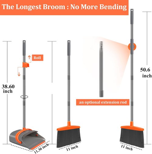 Ivandar Broom and Dustpan Set - Long Handle Combo for Home & Office | Gray & Orange Design