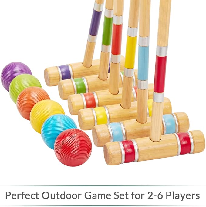 ApudArmis Six Player Croquet Set with Premiun Rubber Wooden Mallets 28In,Colored Ball,Wickets,Stakes - Lawn Backyard Outdoor Game Set for Adults/Teenagers/Family (Large Carry Bag Including)
