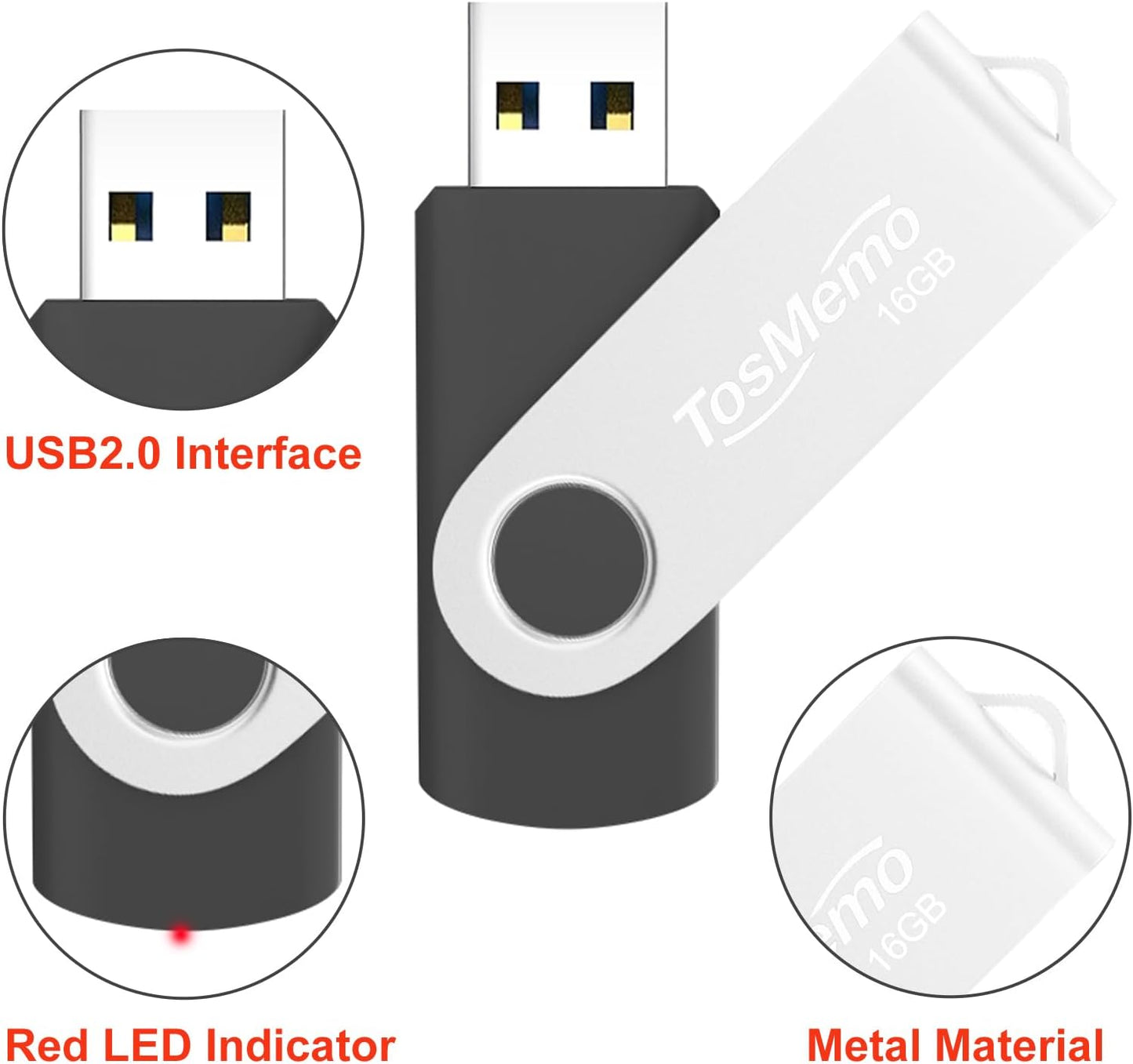 TosMemo 16GB 2.0 Storage(2 Pack,Black USB Flash Drive Thumb Drive USB Flash Drive Swivel Jump Drive Pen Drive Memory
