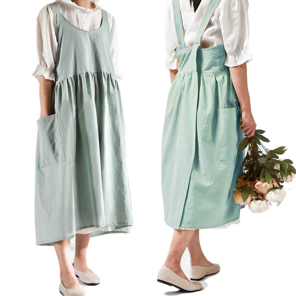 NEWGEM Cotton Linen Cross Back Apron for Women with Pockets for Cooking Gardening Turquoise without Waist Ties