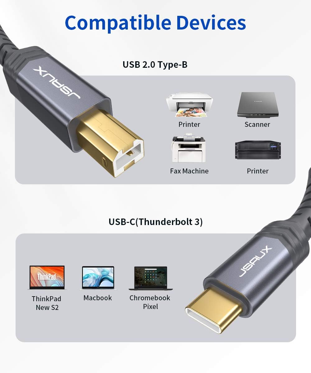 10ft JSAUX USB C to USB B Printer Cable - Nylon Braided, Compatible with MacBook Pro, HP, Epson, Canon, Brother