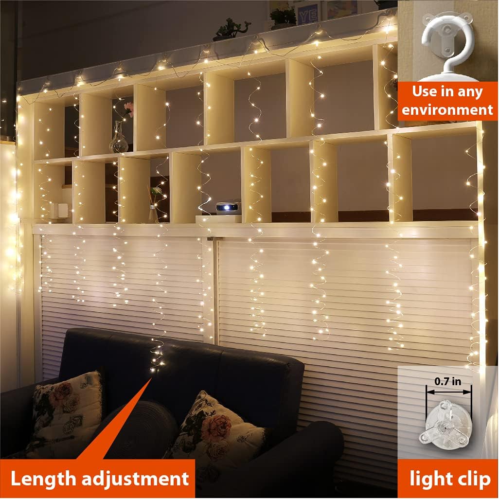 ZSJWL 300 LED Curtain Fairy Lights - Remote Control, 8 Modes, 9.8x9.8 Ft, Warm White Twinkle Lights for Bedroom & Events