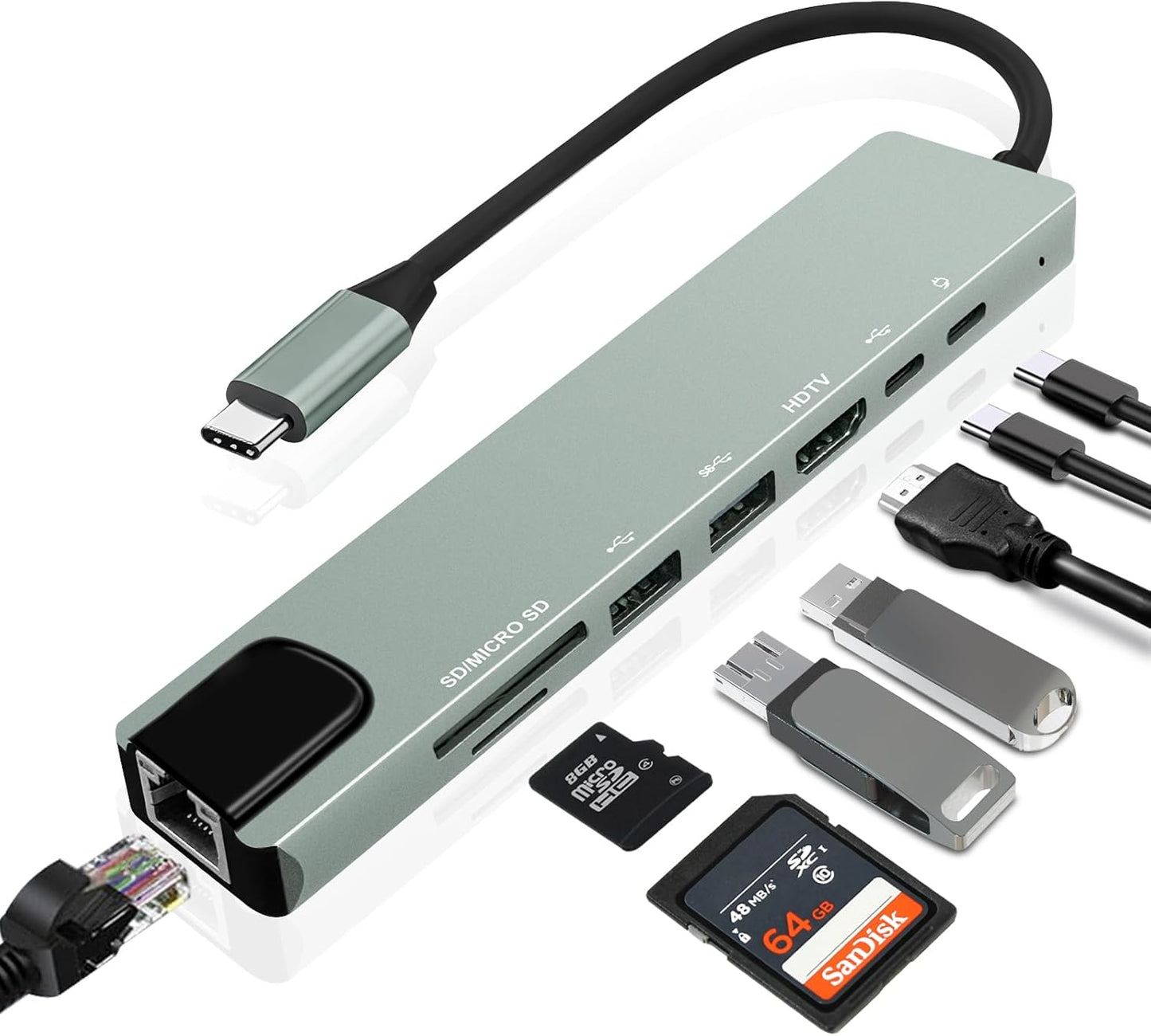Vrebrey 8-in-1 4K@60Hz 85W 3X 3.0 USB-C Hub, Multi-Port Adapter for Laptops, HDMI, Power Delivery, USB-A & USB-C Data