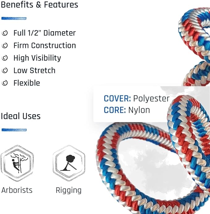 Pelican Arborist-16 Strand 12.7 mm (1/2 inch) Arborist - 7000 lbs Breaking Strength - Static Climbing Rope Used for Arborists - 150 ft - Plain End