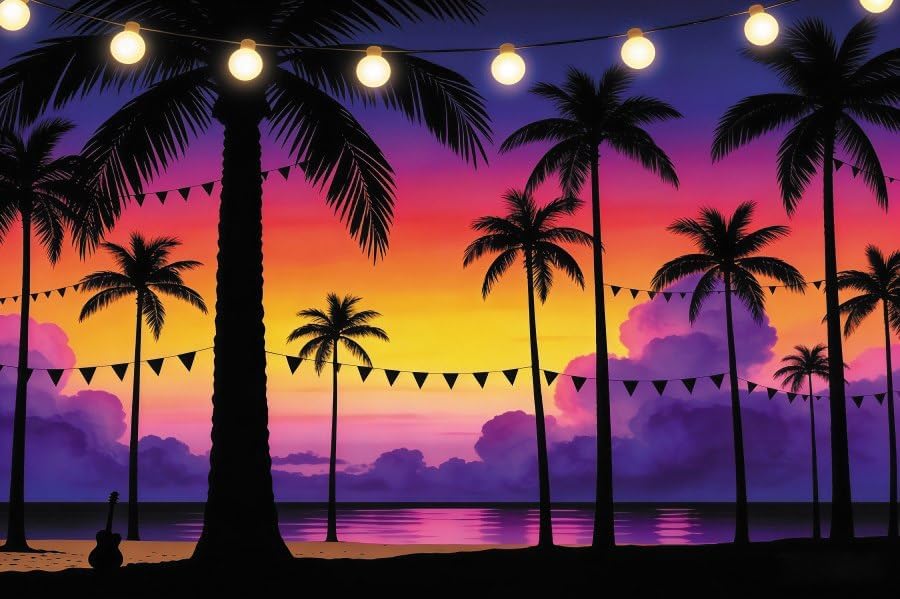 XMJJKUF 12x6ft Summer Sunset Palm Tree Backdrop Seaside Silhouettes Night Light Tropical Hawaii Beach Background