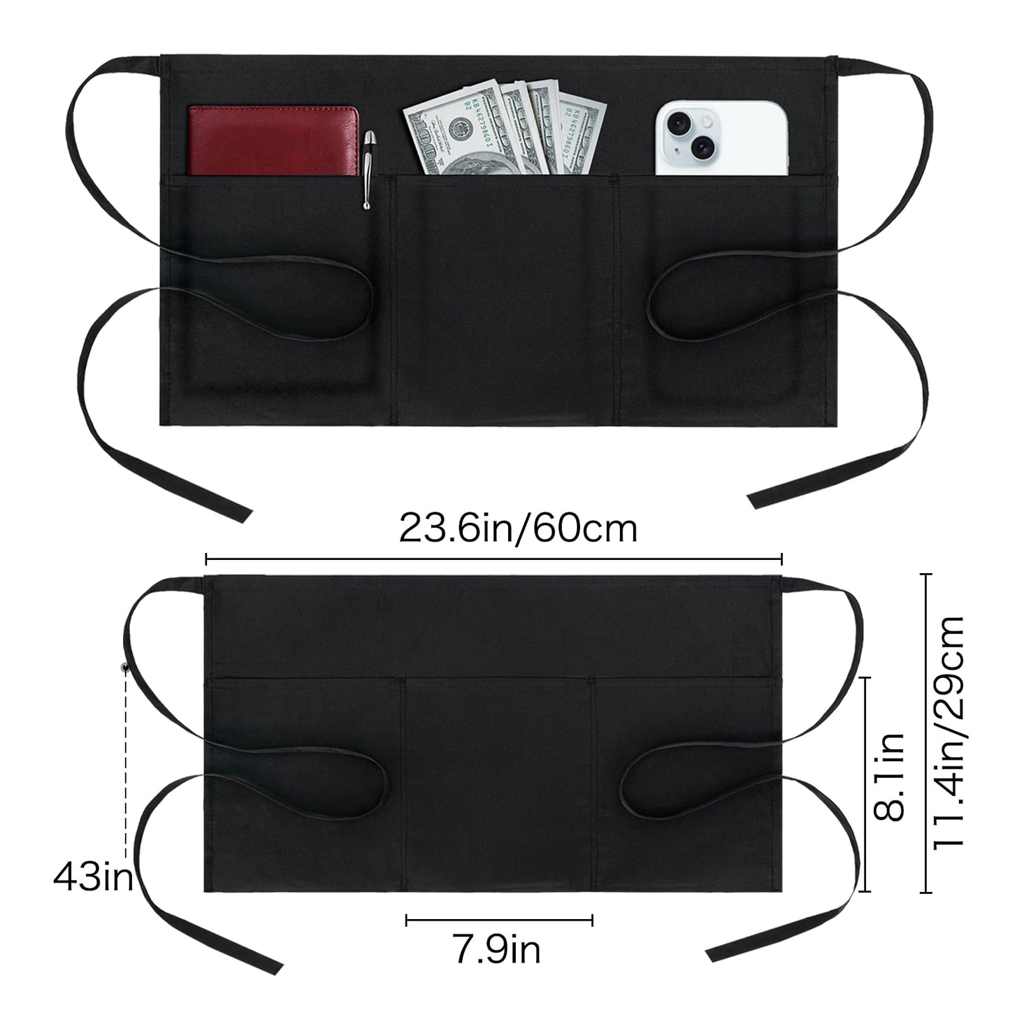 BOHARERS Cotton Server Aprons 2 Pack Waiter Waitress Apron Short Apron with Pockets Restaurant BBQ 12 Inch Black