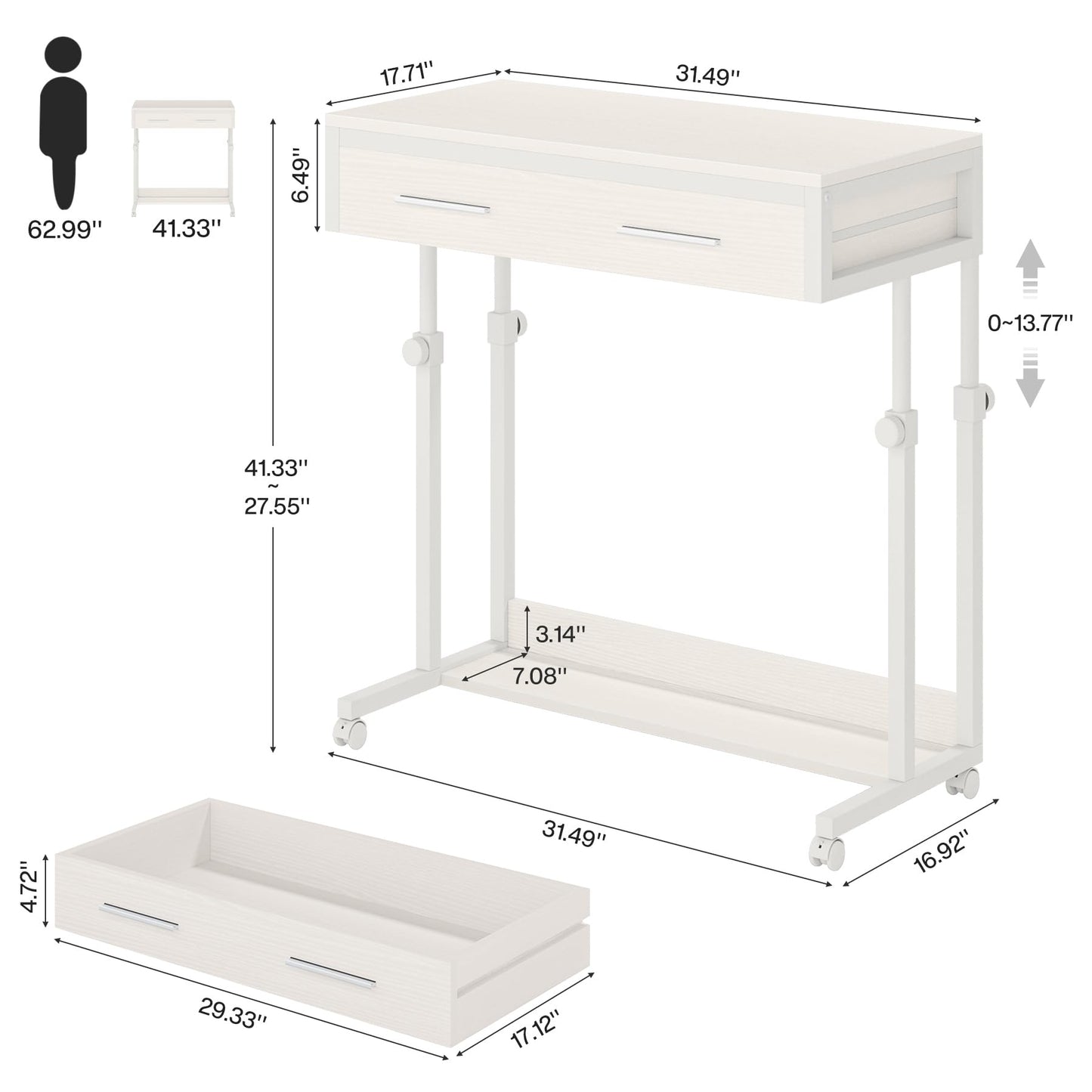 Tribesigns Portable Desk with Drawers, Mobile Laptop Desk with Wheels, Sofa Side Table Bed Desks, Small Standing Desk for Home Office (White)