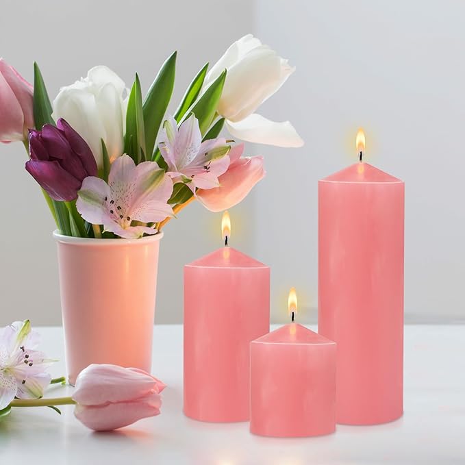 Pillar Candle 3 x 4,6 and 8 inch, Large Handmade Candle Set 3, Pink Decorative Candle for Wedding, Home Decoration, Dinner, Church