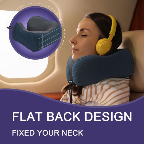 Napfun Neck Pillow - Memory Foam Travel Pillow with Pouch, Sleep Mask & Earplugs | Deep Blue Striped Kit