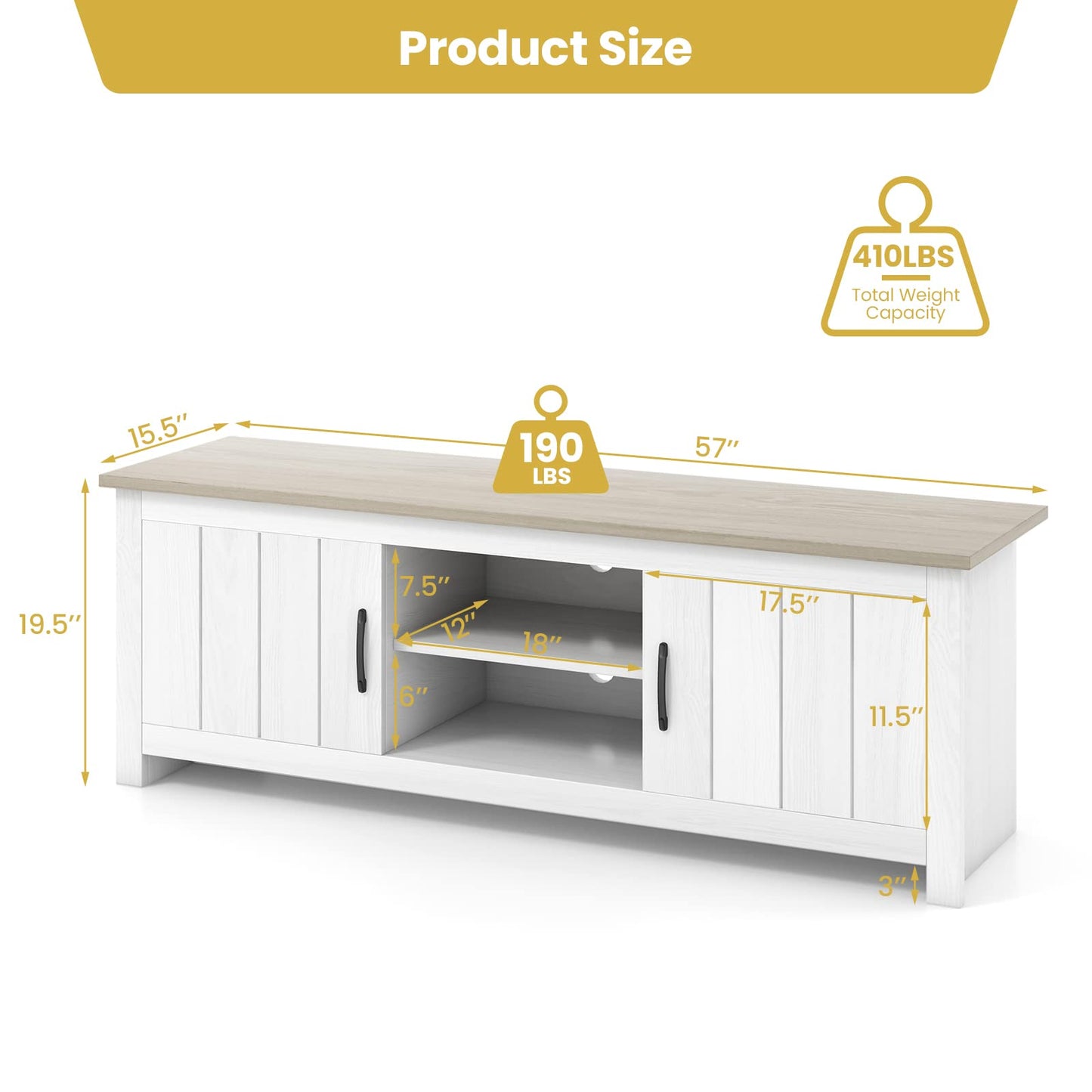 Tangkula 2 Doors TV Stand for TVs up to 65”, 57” Media Console Table w/ 2 Cabinets & Open Shelves, 2 Cable Management Holes. Wood Entertainment Center Cabinet for Living Room (White Oak)