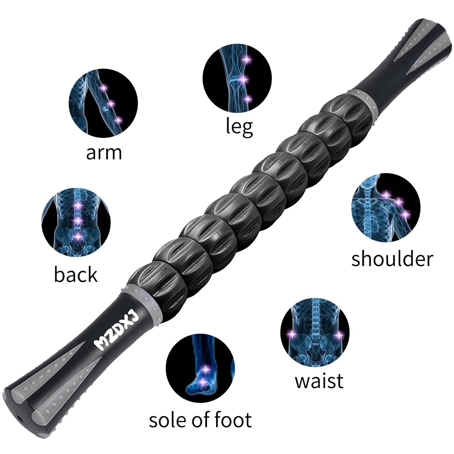 MZDXJ Muscle Roller Massage Roller Stick- Deep Tissue Fascia Blaster for Myofascial Pain Relief, Lymphatic Drainage & Body Sculpting, Handheld Physical Therapy & Recovery Tool (Gray black-18 inch)