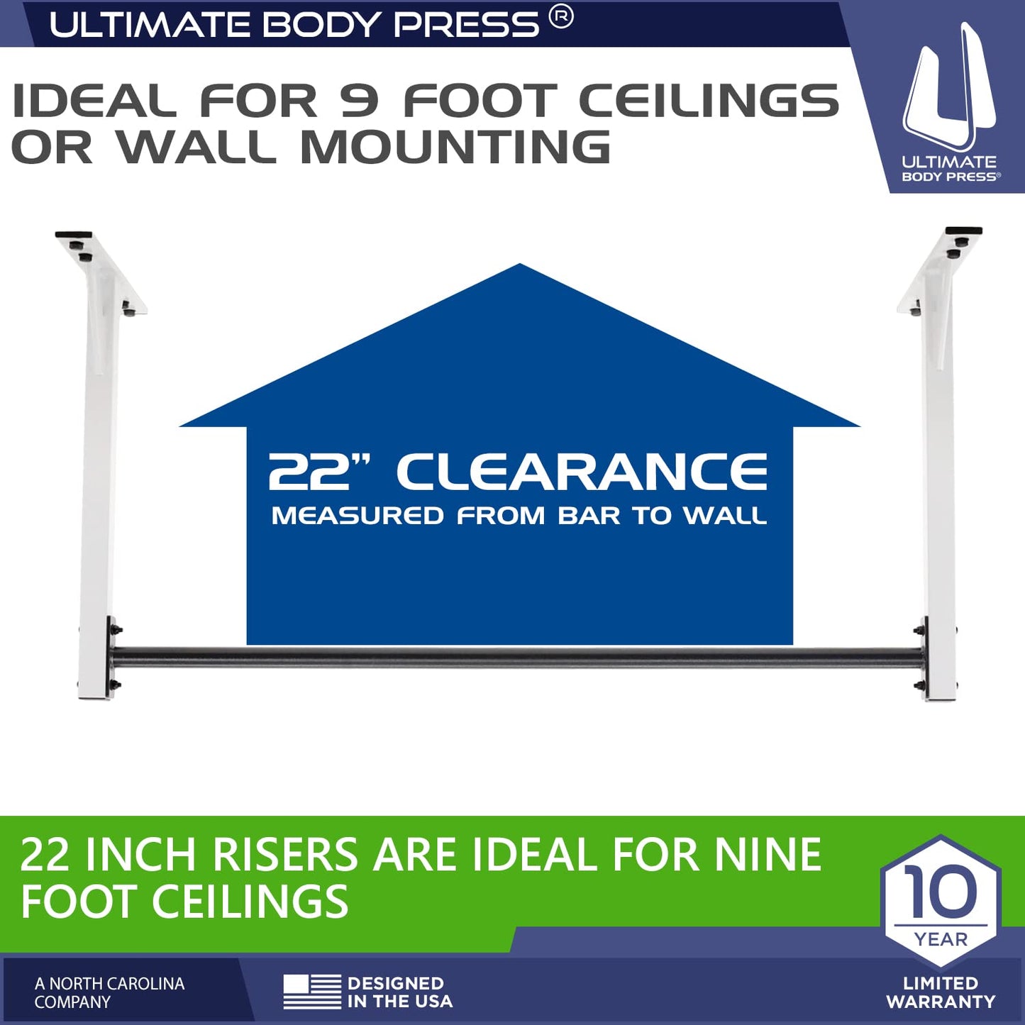 Wall or Ceiling Mount Pull Up Bar with 48” Straight Bar and 22” Risers, Double Wall Mounting Plates Fit 16” or 24” Studs and Joists by Ultimate Body Press