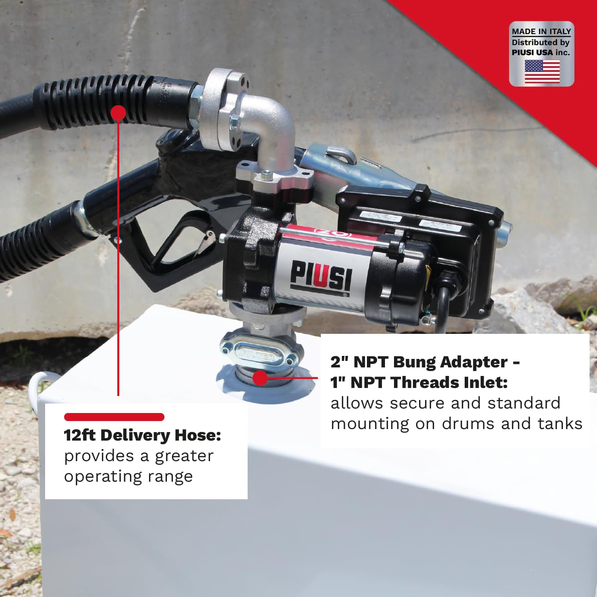 Piusi EX75 UL DC Fuel Transfer Pump KIT 12V for Diesel and Gasoline 20 GPM Flow Rate at Nozzle Equipped with 12 ft Discharge Hose, Automatic Nozzle