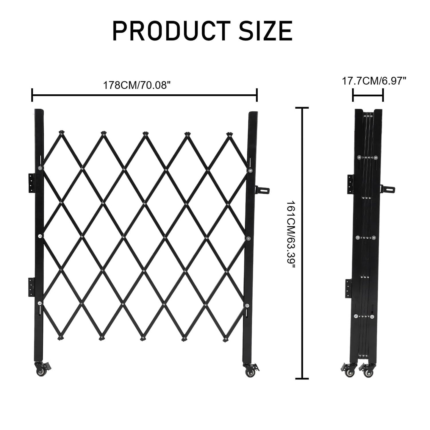 Single Folding Security Gate – 63.4" H × 70" W, Heavy-Duty Steel Scissor Gate with 360° Casters, Lockable Retractable Barricade for Courtyards, Garages, Pools & Gardens