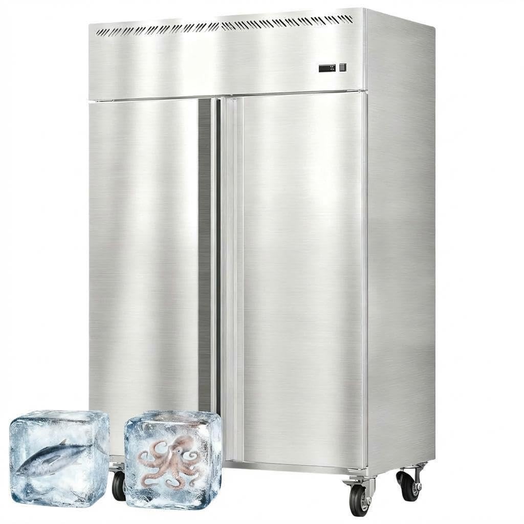 48-Inch Commercial Upright Freezer, 36 Cu. Ft. Stainless Steel Reach-In Deep Freezer with 2 Solid Doors, Digital Temp Control (-8°F to 0°F), Auto Defrost & 6 Shelves for Restaurant, Cafe & Kitchen