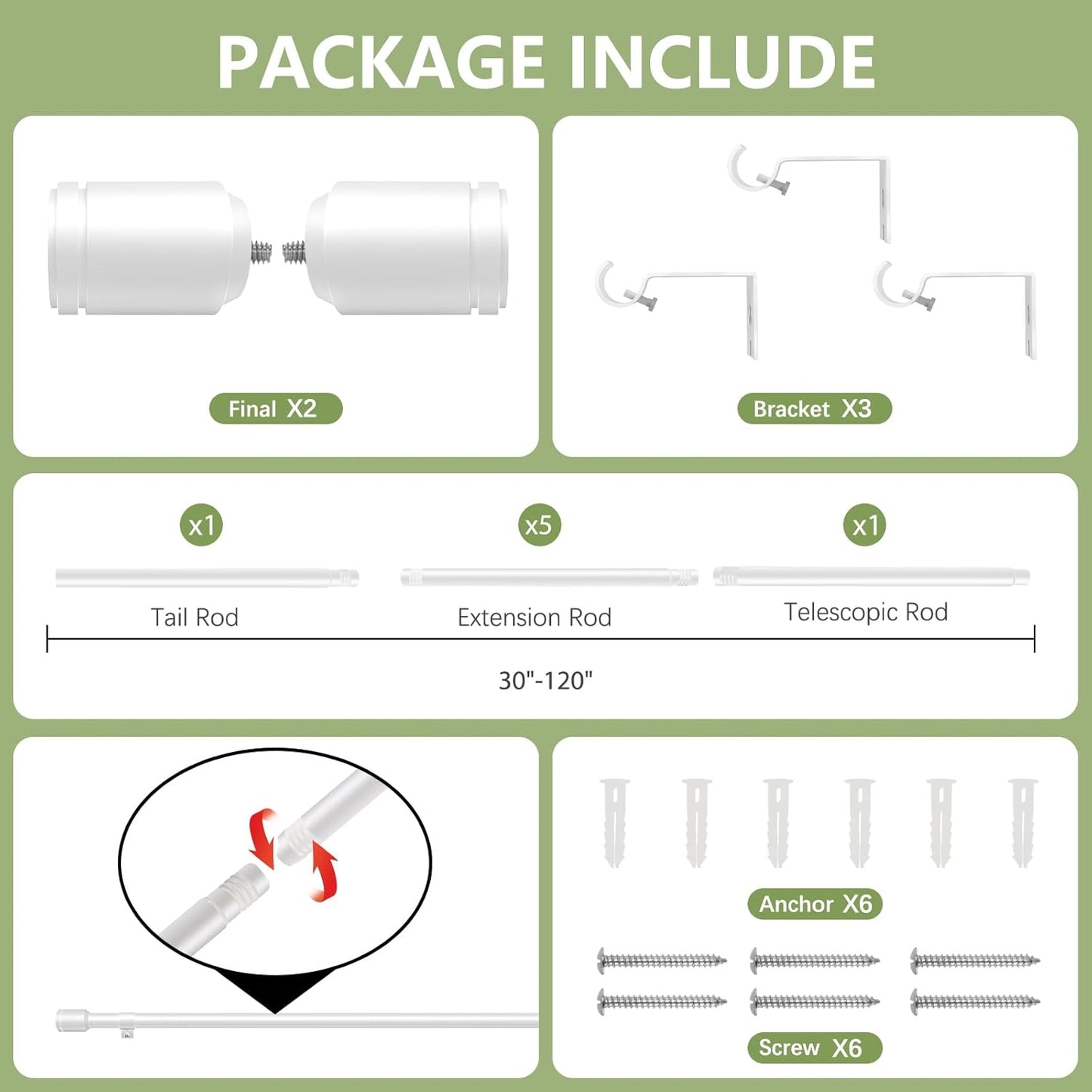 Adjustable 5/8” Diameter Curtain Rods by [Brand Name] | 30-120 Inch for Windows with Brackets