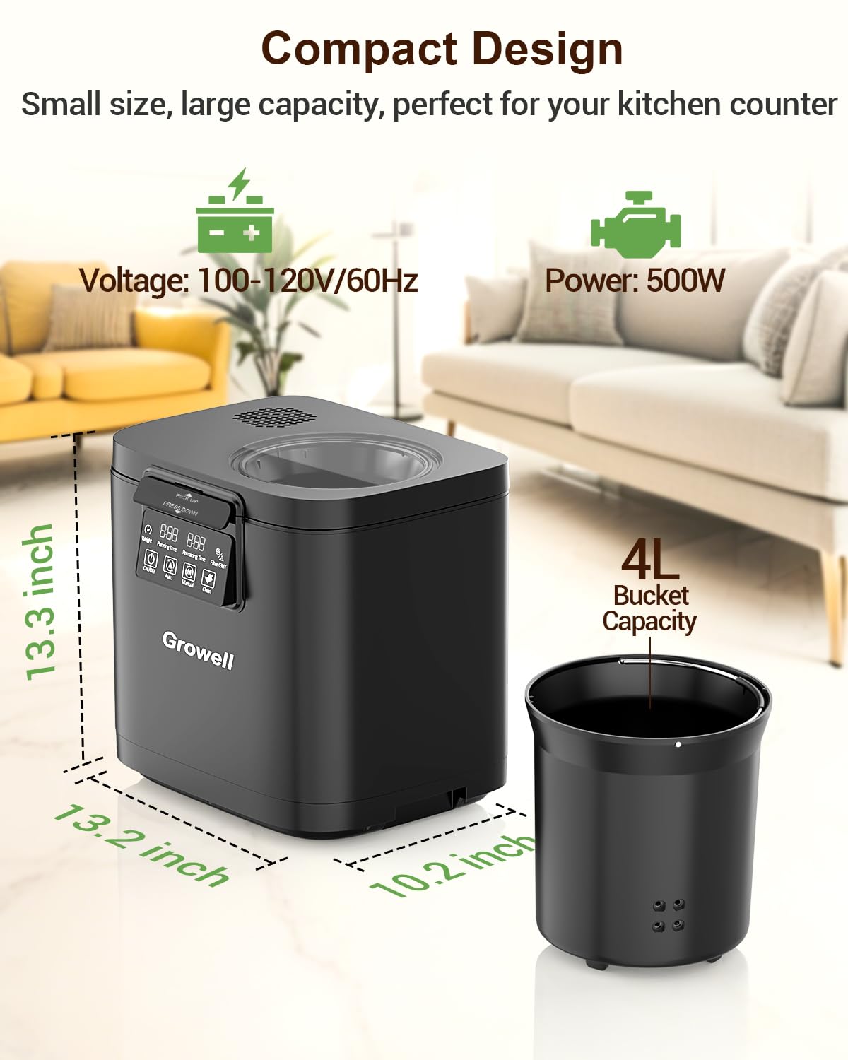 Growell 4L Electric Kitchen Composter, Countertop Compost Bin with Dual Carbon Filters, Visible Window, Auto-Clean, Quiet & Long-Life Upgraded Brushless Motor, Indoor Food Waste Composting Machine