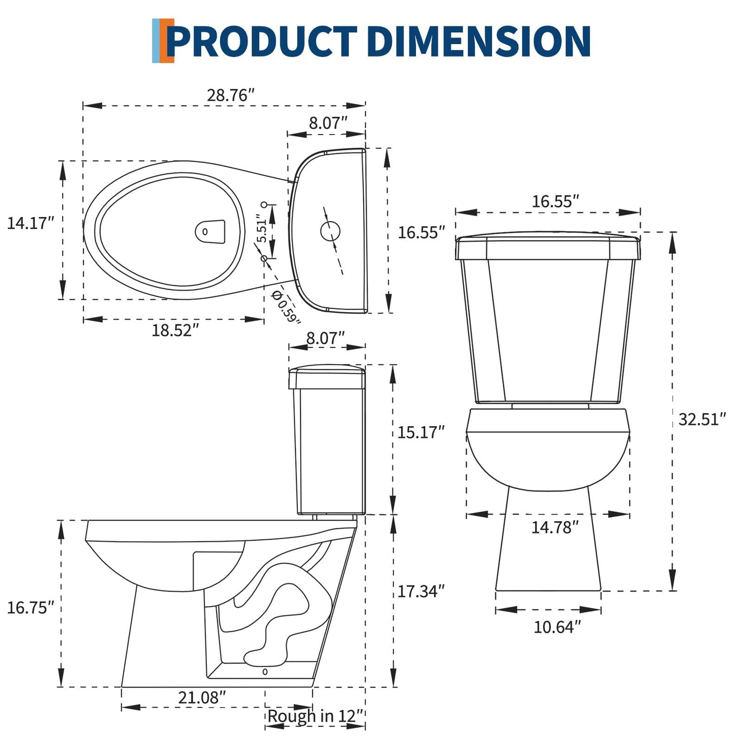 17" Elongated Dual Flush Toilet Bowl – Upgraded Power Flush, Top Dual Button, Includes Internal Hardware, No Seat – Designed for Bath Upgrade or DIY Renovation