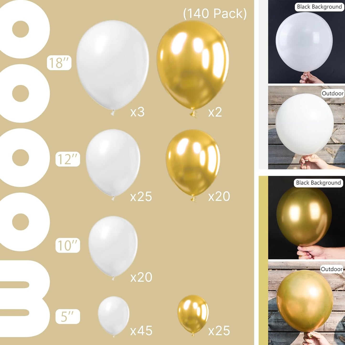 PartyWoo White & Gold Balloons - 140-Piece Pack in Various Sizes for Birthday & Party Decorations