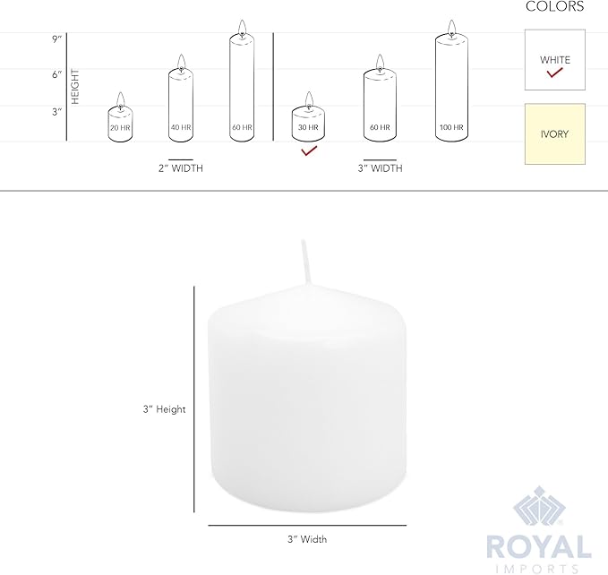 Royal Imports Pillar Candles White Unscented Premium Wax, 30 Hours Burning for Wedding, Spa, Party, Birthday, Holiday, Bath, Home Decor - 3"x3" Inch - Set of 12