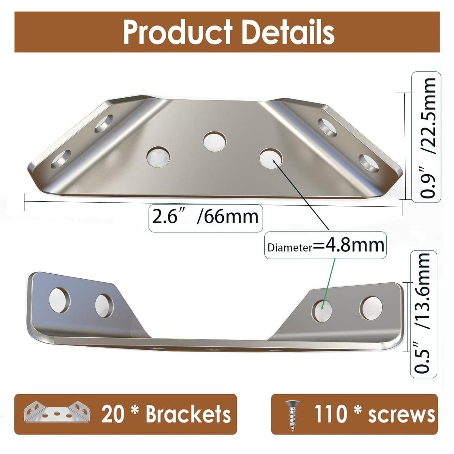 20-Pack Heavy Duty Stainless Steel L Brackets for Wood - 90° Corner Braces with Screws Included, for Furniture, Shelves, Cabinets & DIY Projects