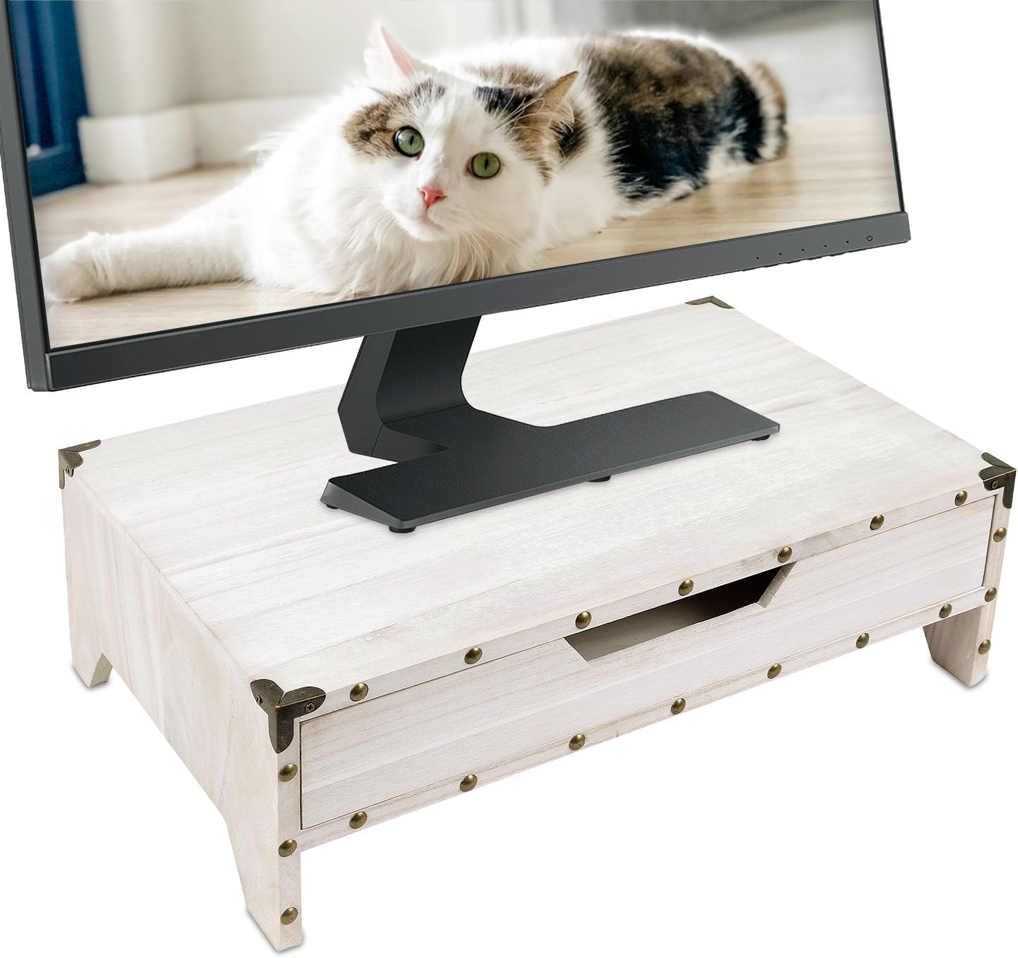 2 Organizer,16 1/2 10 1/4 5 1/8 Ikee Design Wooden Tier Monitor Stand with Drawer,Wood Desktop Stands for Laptop ,TV