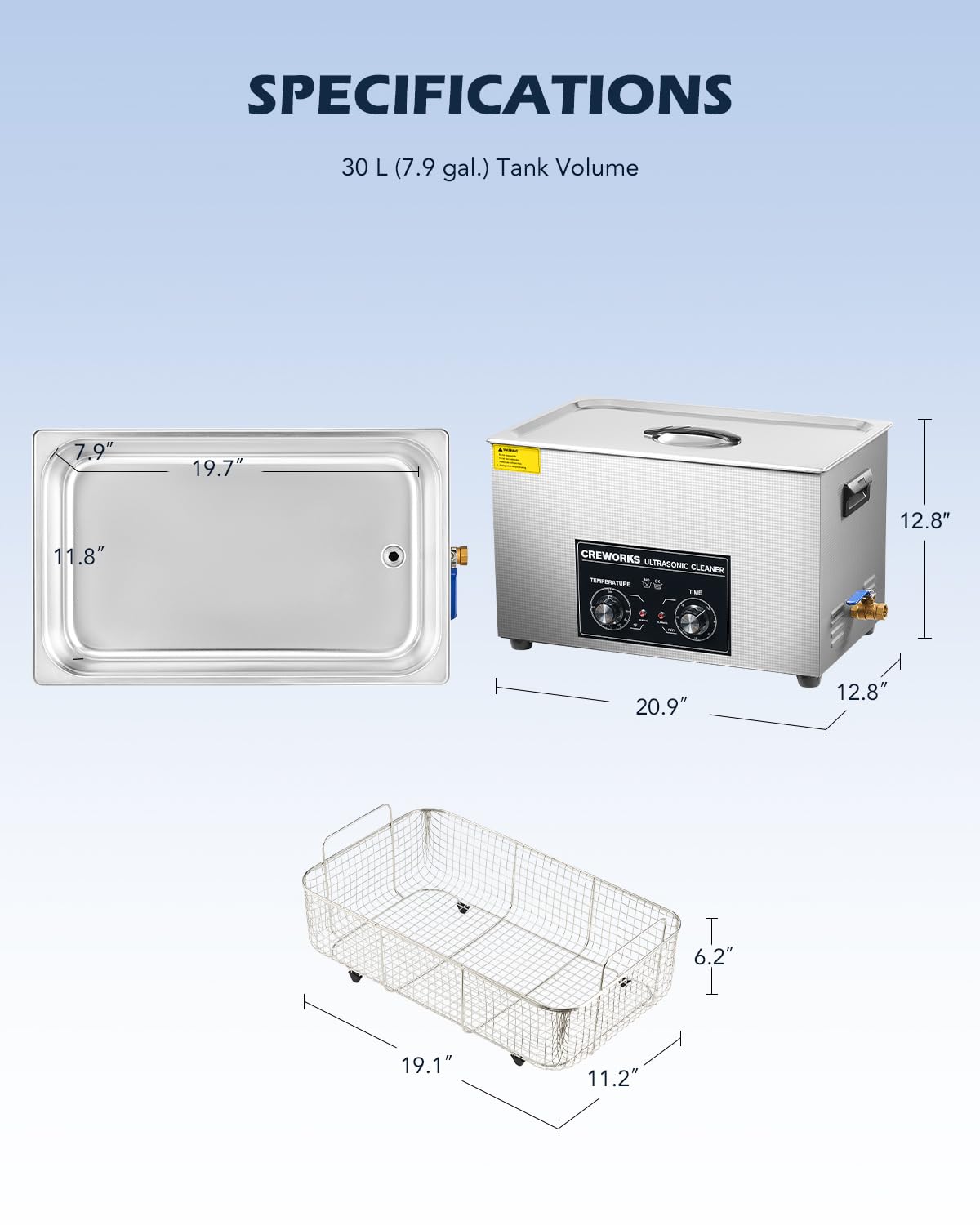 CREWORKS 30L Ultrasonic Cleaner with Heater & Timer, 600W 304 Stainless Steel Sonic Cleaner, 7.9 gal Ultrasonic Parts Cleaner with Knobs, Professional Lab Ultrasonic Cleaner for Auto Tool Machine Part