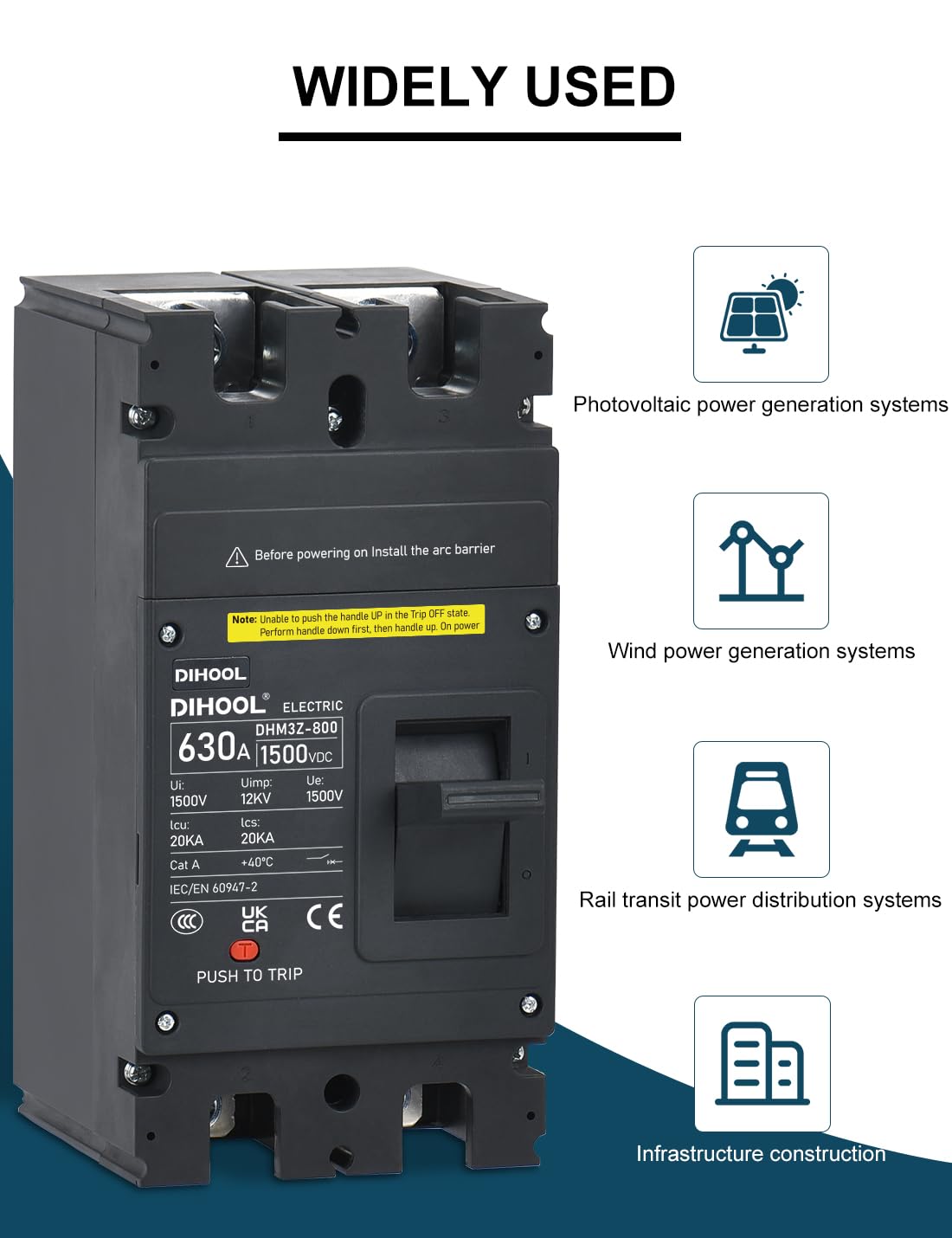 DIHOOL 630 Amp DC Circuit Breaker,2P 1500V 20kA,Heavy Duty Battery Disconnect Switch with Thermal Magnetic Trip for Solar System