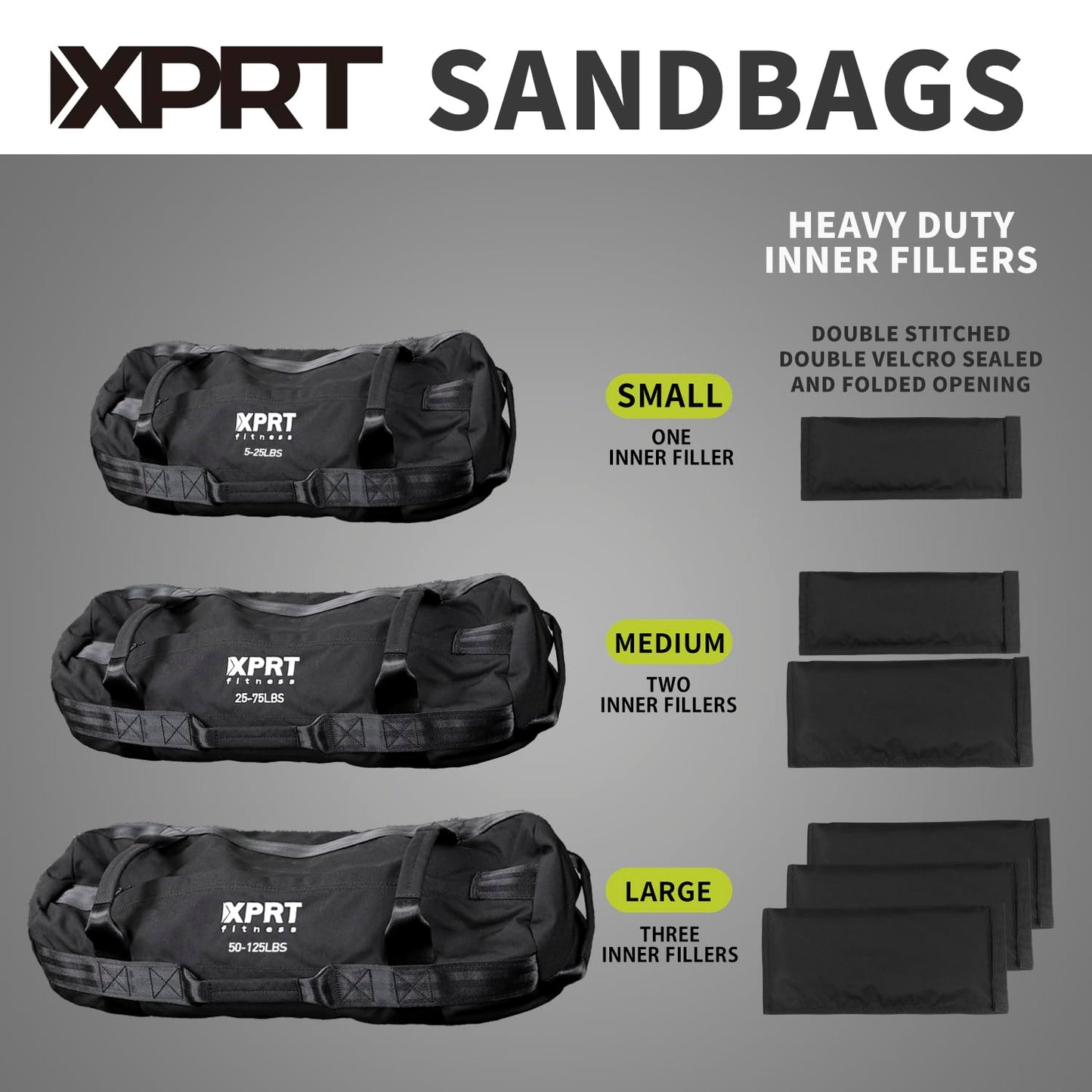 XPRT Fitness Workout Sandbag for Heavy Duty Workout Cross Training 7 Multi-positional Handles - Color Army Green/Black/Camo (Black Set of 3, Small+Medium+Large)