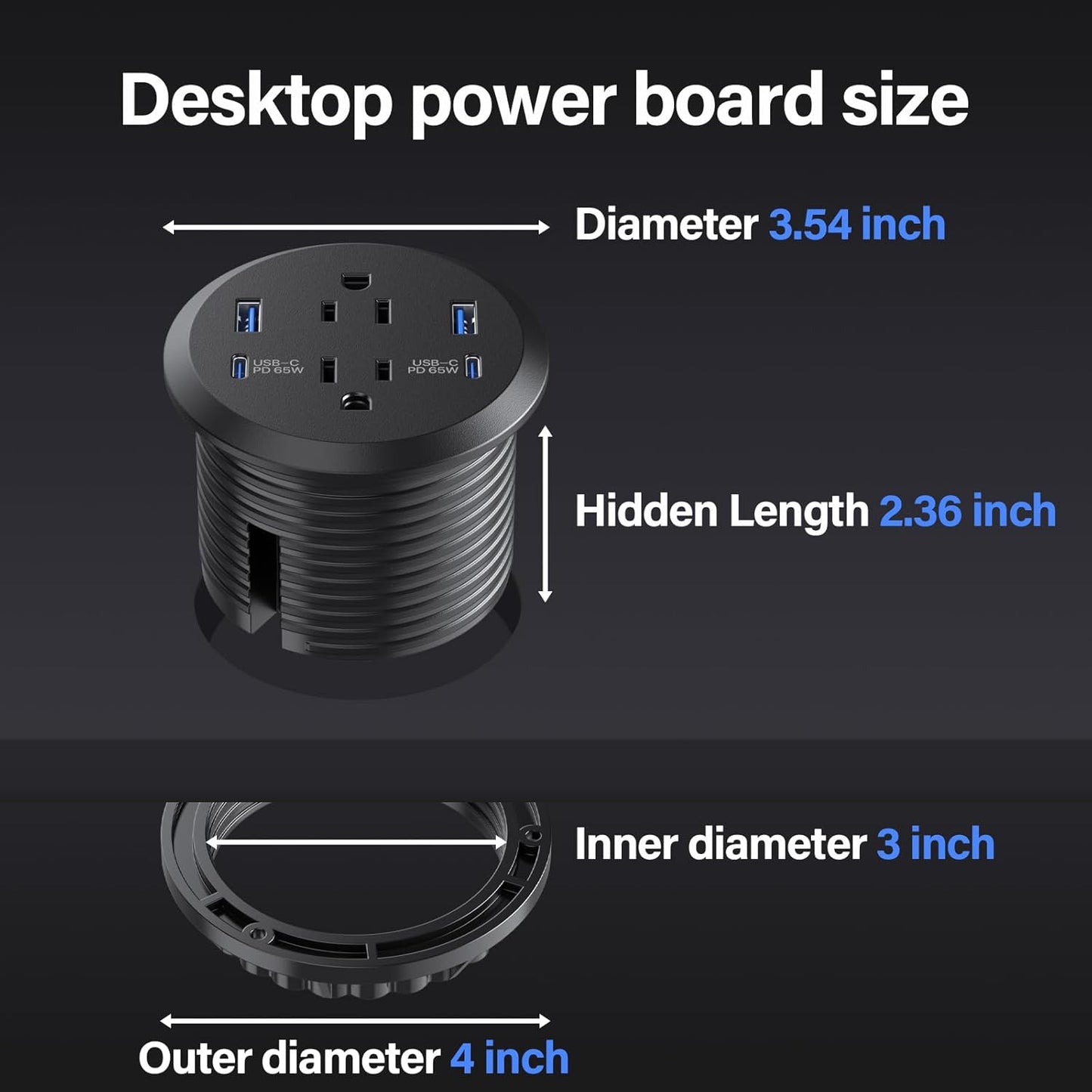 Jgstkcity Grommet, 65W 3inch Hole,2 Outlets,4 Countertop 65W Desktop Power USB C Fast Charging Port, Flush Mount