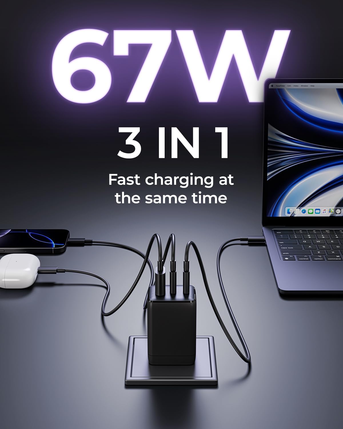 wegear 67W 3-Port 16/15/Pro, S25/S24, Note20, USB C Charger, GaN Fast Charging Block with Foldable Plug, Compatible