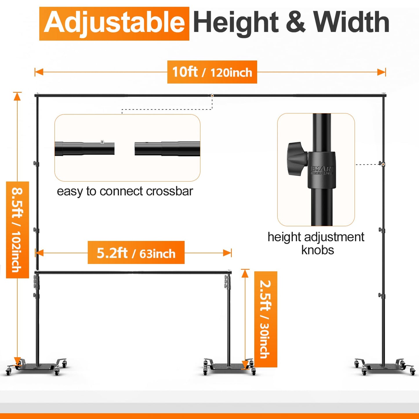 EMART Backdrop Stand with Wheels, 8.5x10ft Adjustable Photo Background Holder with Heavy Duty Metal Flat Base, Pipe and Drape Frame for Parties Wedding Photography Decoration