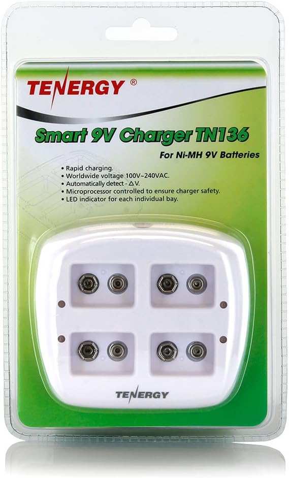 Tenergy TN136 9V 4-Bay 9 Smart Battery Charger for Rechargeable NiMH Volt Batteries
