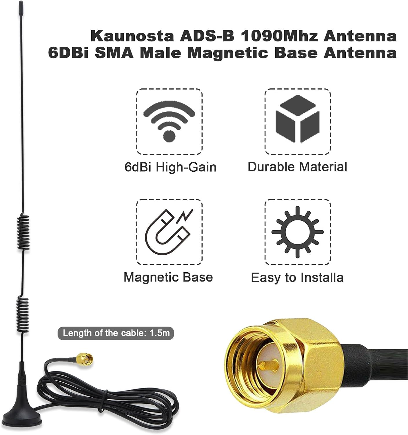 Kaunosta 900-1800MHz/Compatible 978MHz&1090MHz, Receiver/6DBi 1.5M ADS-B SDR Radio Antenna with for SDR, FPV, Ham Radio