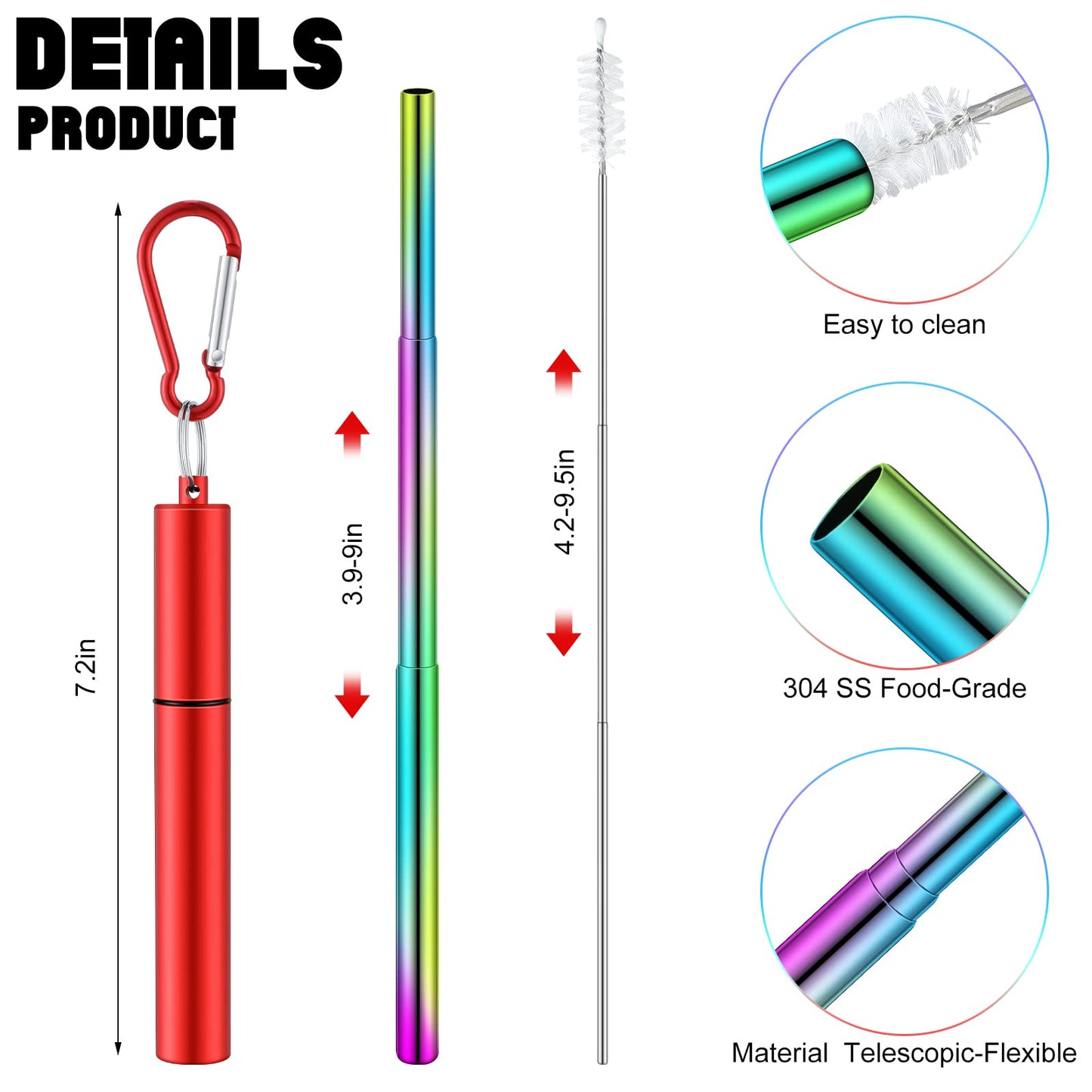 Zubebe 8 Pack Metal Reusable Straw Collapsible Straws Stainless Steel Drinking Straw with Plastic Case Silicone Tip and Cleaning Brush and Keychain Long Telescopic Portable for Travel Work