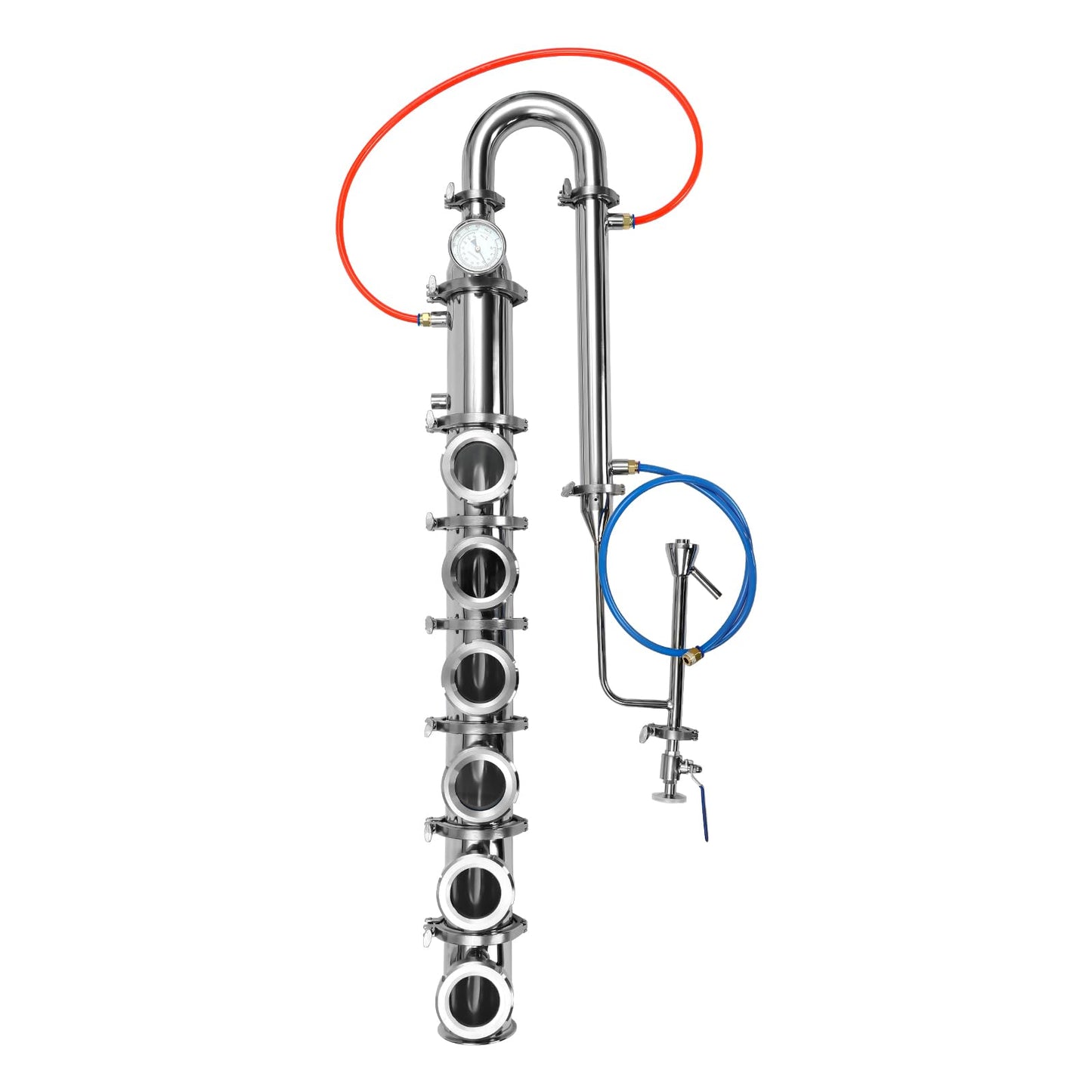 4" Reflux Still Column, 6 Layers Stainless Steel Distillation Column, with U-Shaped Elbow, Condenser and Spout, 0-220℉ Columns, Reflux Distillation Kit for Home Brewing Whiskey
