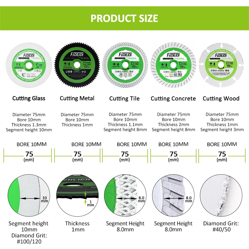Mini 3 inch Diamond Blades - FACHLICH Cutting Disc and FACHLICH Tile Hole Saw Kit - 12pcs Diamond Core Drill Bits Set 1/4" 5/16" 4/5" 1" 1-3/8" 2" 3" 4" with 4/5" Finger Bit 2" Beveling Chamfer Bit