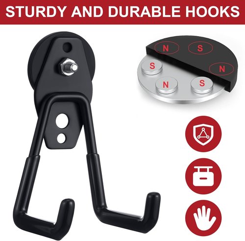 Landhoow Heavy Duty Magnetic Hooks - 6 Pcs Strong Storage Utility Hangers with Anti-Slip Rubber Coating | Black