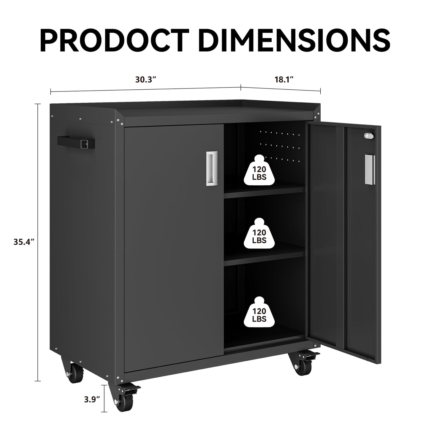 COFaR Heavy-Duty Rolling Storage Cabinet, 2-Door Metal Garage Cabinet with 2 Adjustable Shelves, Lockable Wheels & Locking Doors, 35"H Large Capacity Tool Chest for Workshop, Garage, Warehouse - Black
