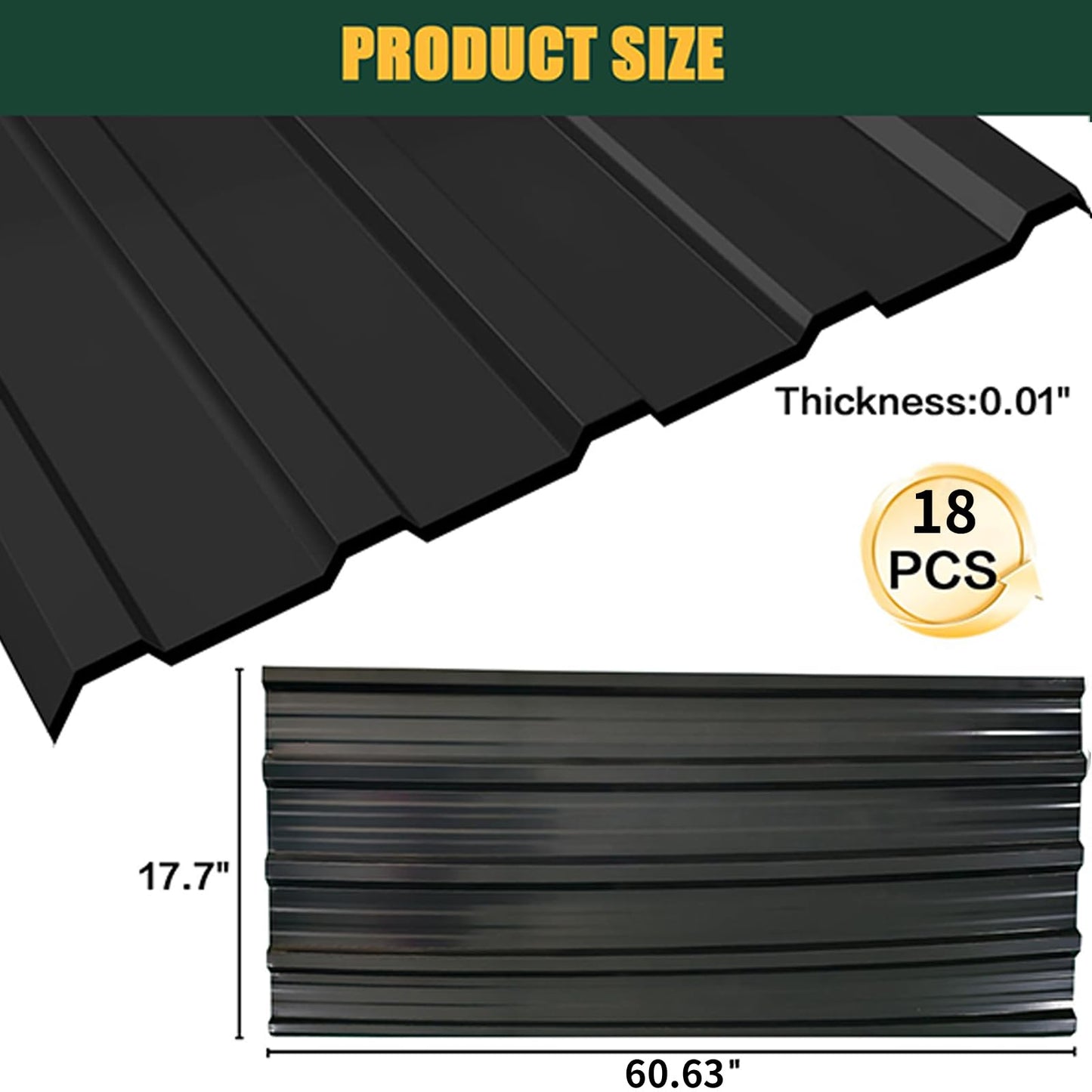 18pcs Roof Flashing Panels, L60.63×W17.72 Inch Corrugated Galvanized Roofing Panels, Porche, carport, shed, Stable, Chicken coop Black