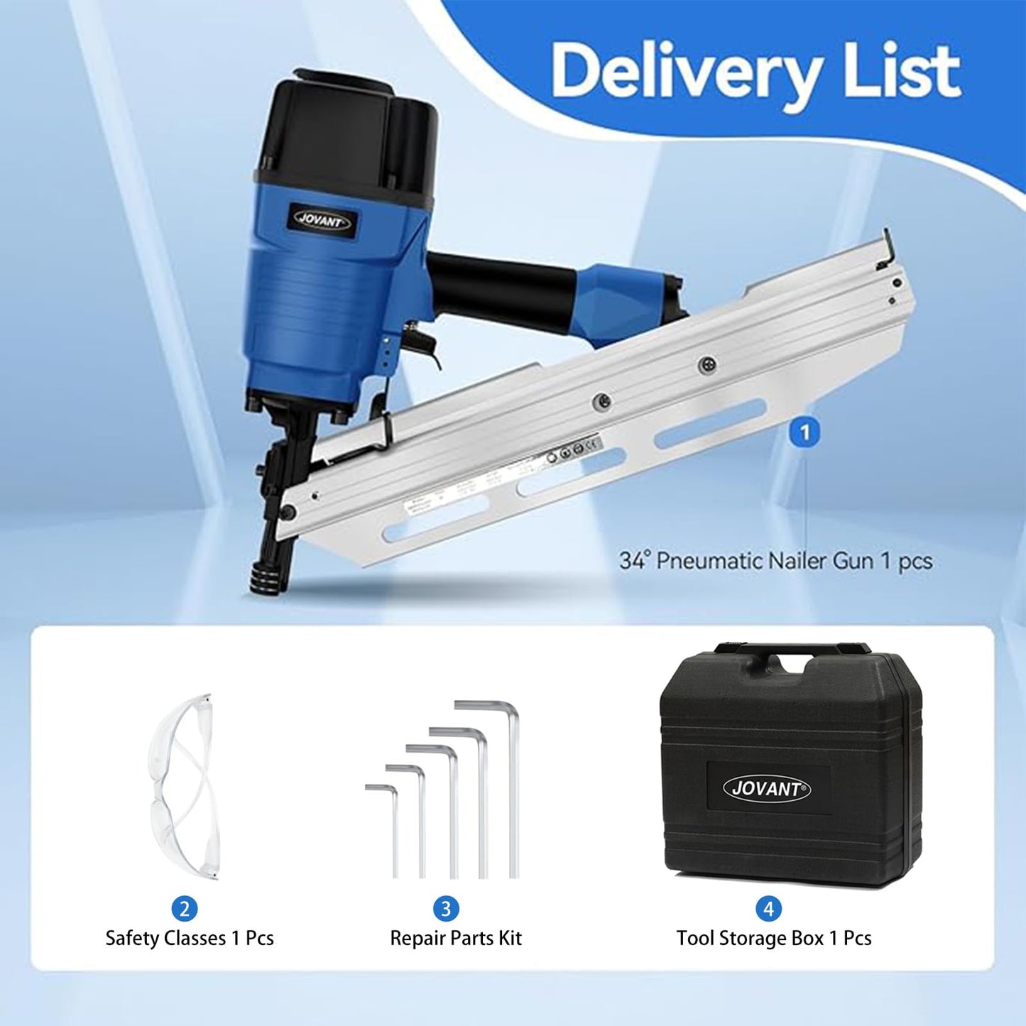 JOVANT Pneumatic Framing Nailer,Pro Preferred Brand of Pneumatic Nailers,Accepts 30-34 Degree 2-Inch to 3-3/8-Inch Offset Round Paper Collated Nails.Finishing Nails Ideal for Framing、Flooring