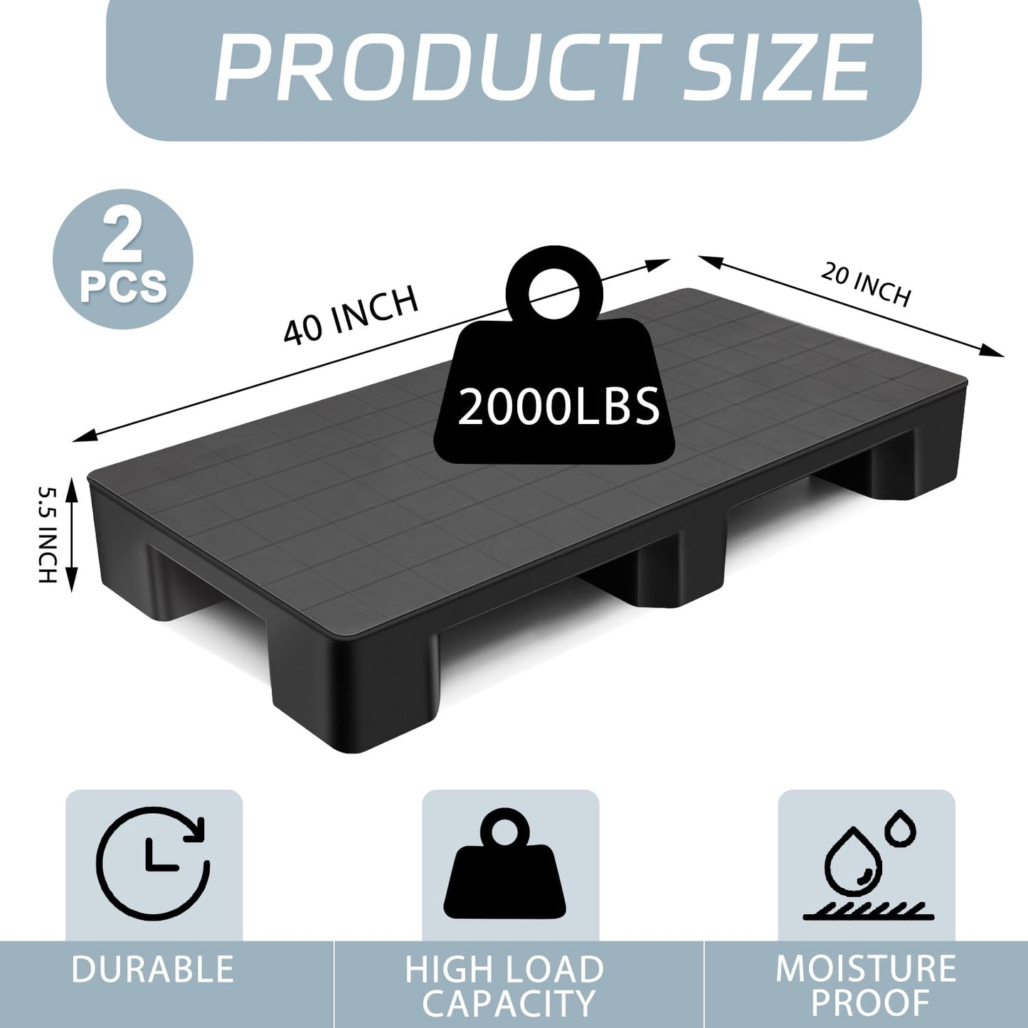 Vercraft 2 Pcs Plastic Pallet for Basement Storage Easy Stack Lightweight Floor Pallet Display Flooring Room Supermarket Christmas, Support up to 2000 Lbs (40'' L X 20'' W X 5.5'' H,Black)