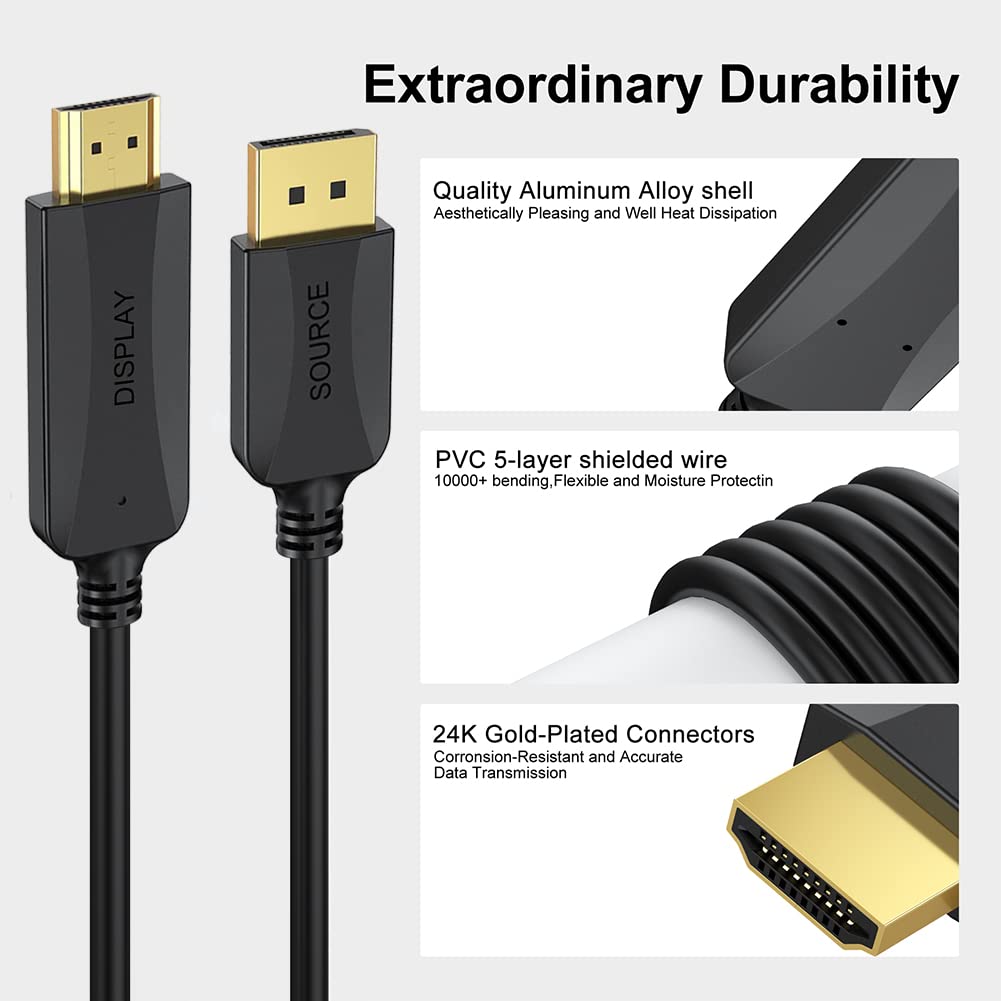 4K 10 2-Pack (4k, 2880P,2160P, 1440P, 1080P) DisplayPort to HDMI Cable Feet, DP (Display Port) to HDMI Cord Male