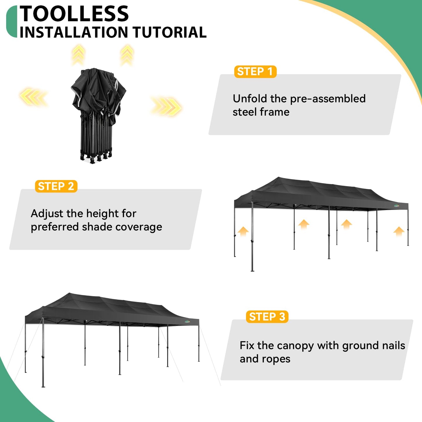 COBIZI 10x30 Heavy Duty Pop Up Canopy Tent with 8 Sidewalls Thicken Frame, Commercial Easy Up Outdoor Wedding Party Tents, All Season Waterproof Windproof with Stakes Sandbags Ropes Roller Bag, Black