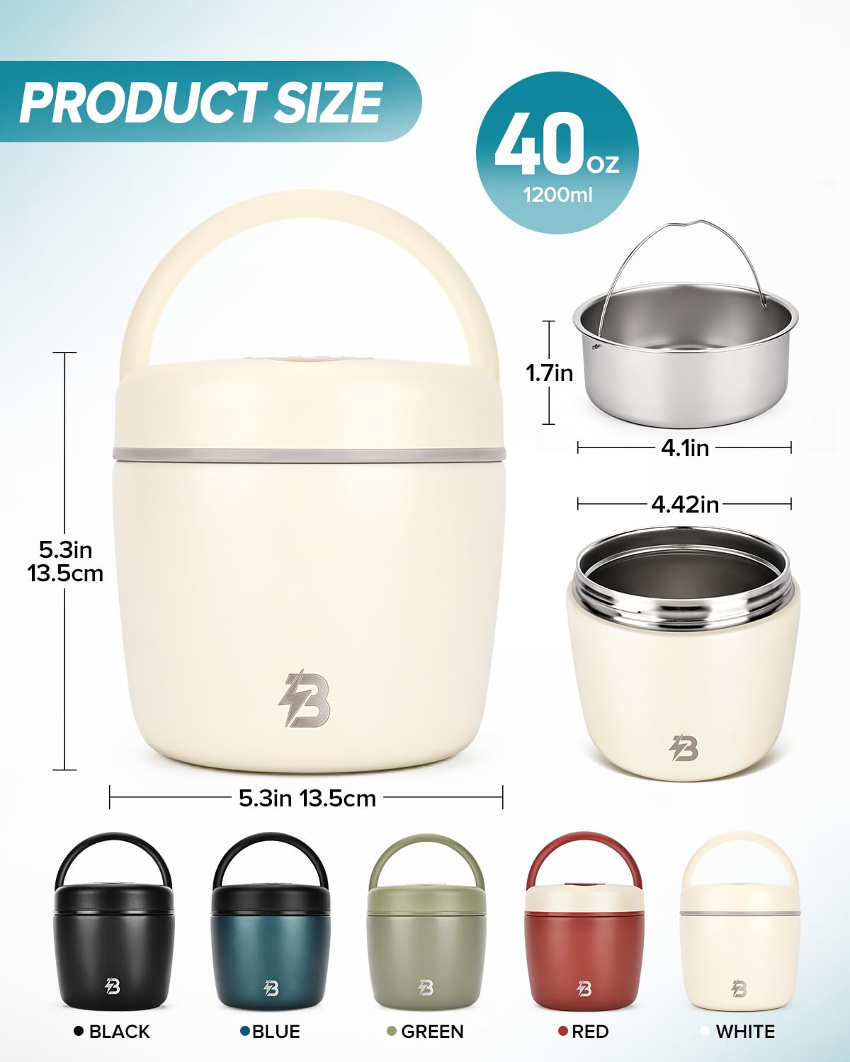 TSAKBAM Thermo for Hot Food for Adults, 40OZ Wide Mouth Insulated Food Jar with Spoon, Leak Proof Stainless Steel Lunch Soup Thermo for Food (White)