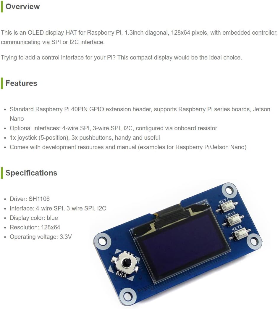 1.3inch 128x64 Communicating I2C Waveshare OLED Display HAT for Raspberry Pi Pixels with Embedded Controller via SPI